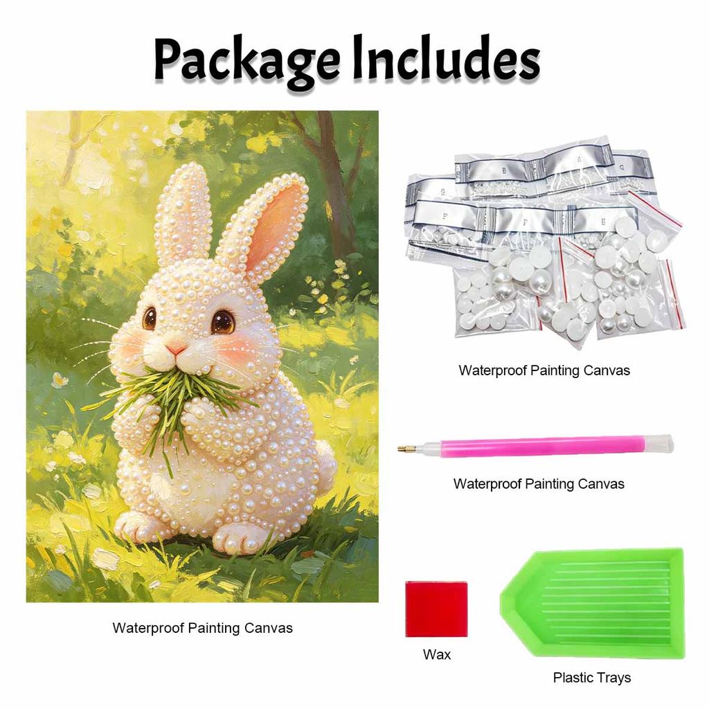 Sparkling Pearl Painting on Stretched Frame Cute Bunny Eating Grass DIY Bead Art Canvas Relaxing Hobby Gift for Craft Lovers Great for Adults