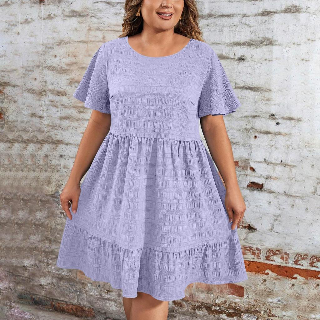 Ladies' Large Size Casual And Fashionable Solid Color Dress, Loose Short Sleeved Waist Cinched Dress