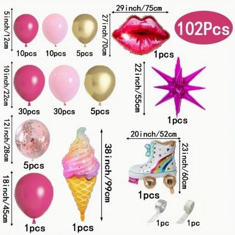 Pink Lip Ice Cream Roller Skate Foil Balloon Birthday Party Decor Set