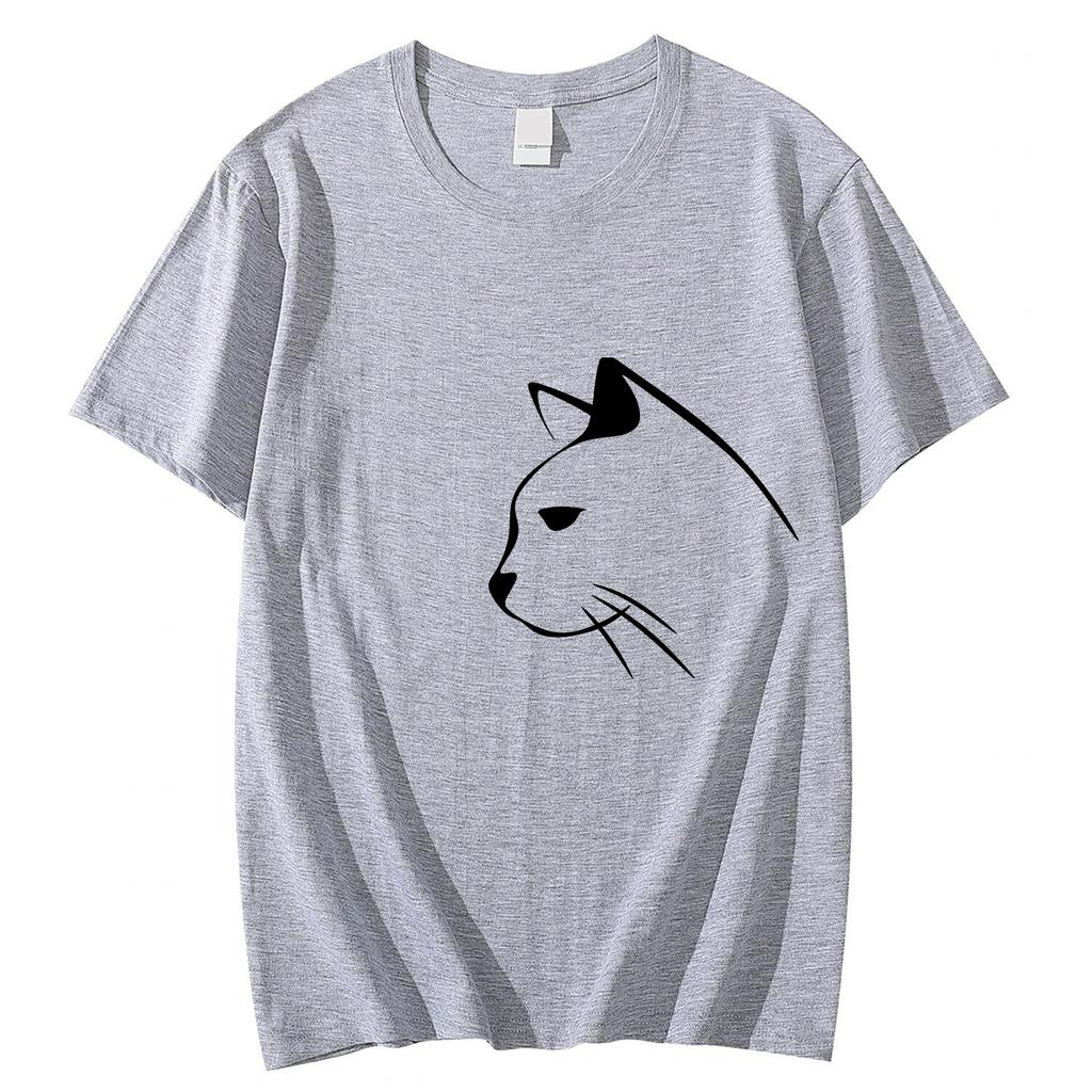 Letní bavlněné pánské a dámské tričko s krátkým rukávem a potiskem kočky, kulatý výstřih, měkké, elastické, prodyšné pánské tričko