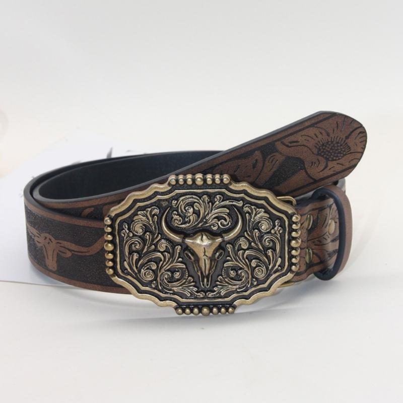 Embossed Pattern Wasitband Adjustable Belt For Daily Use And Outdoor Activity with Metal Bull Head Buckles for Men Women