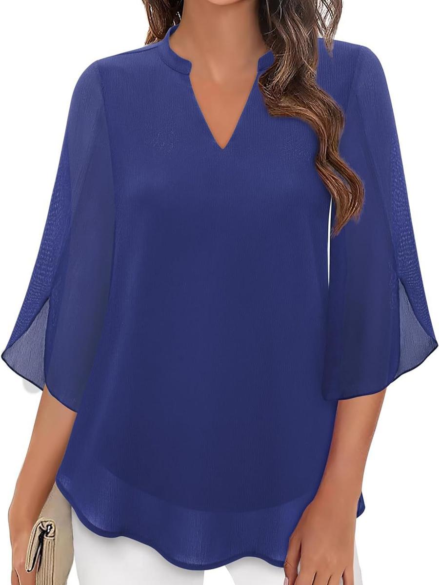 Casual Summer New Women s Floral Sleeve Top Loose V-Neck Chiffon Shirt S синий