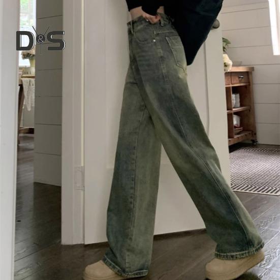 Jeans da donna Vita alta Chiusura con bottoni con cerniera Tinta unita Gamba larga ampia Lunghezza del pavimento Tasche dritte effetto invecchiato Pantaloni denim colorfast morbidi da donna
