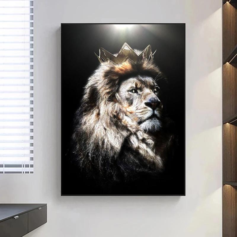 Modern Animal Art Canvas Painting Lion Head with Crown Posters and Prints Wall Art Pictures for Living Room Wall Decor Cuadros