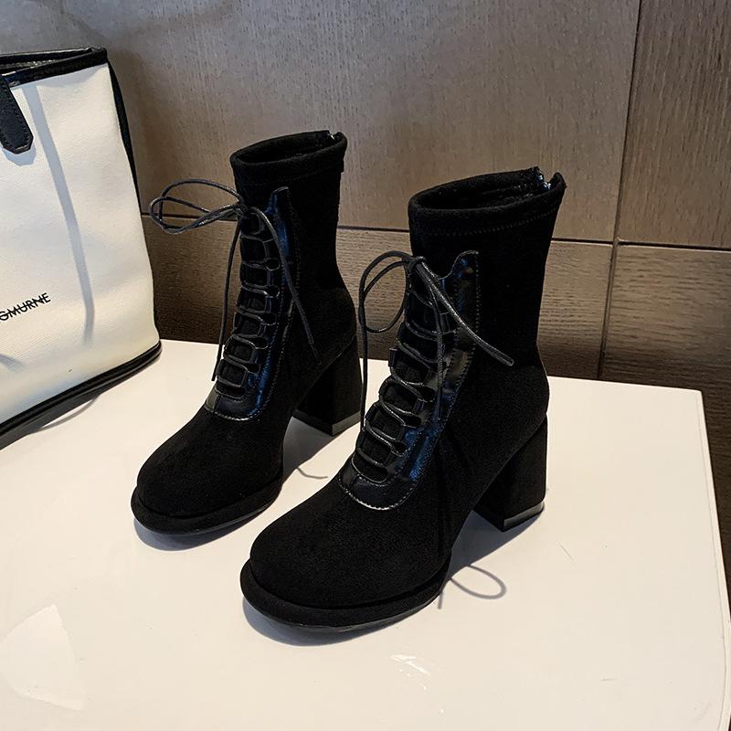 Women's heightening rough cotton round head suede new small back zipper boots straps autumn and winter fashion boots high heel