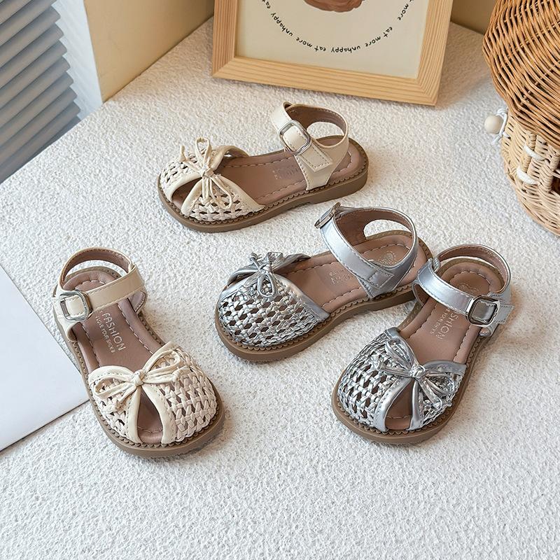 Kids Princess Shoes Weave Simple Bows Girls Sandals Ins Trendy Casual 2025 Summer New Children Beach Shoes Hollowed-out Ins