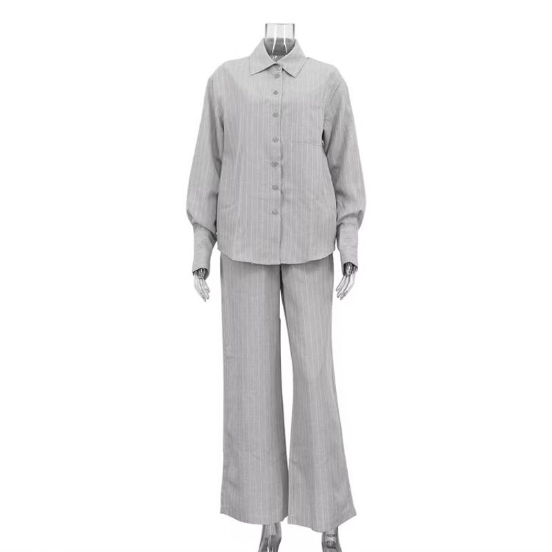 

Western Style New Casual Loose Stripe Shirts High Waist Trousers Two-piece Set Shirt and Pants Set Gray L