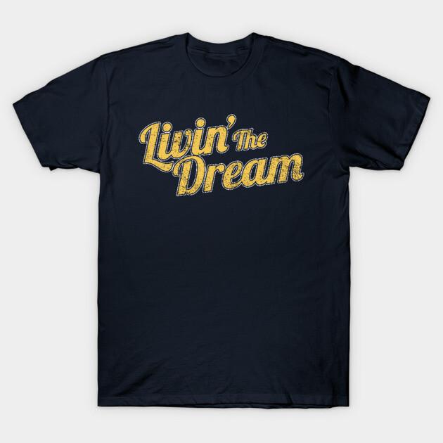 Asian Size Men Black Print T-shirt Livin The Dream, Vintage Styled Distressed No-Cut Print Cotton Tshirt L чёрный
