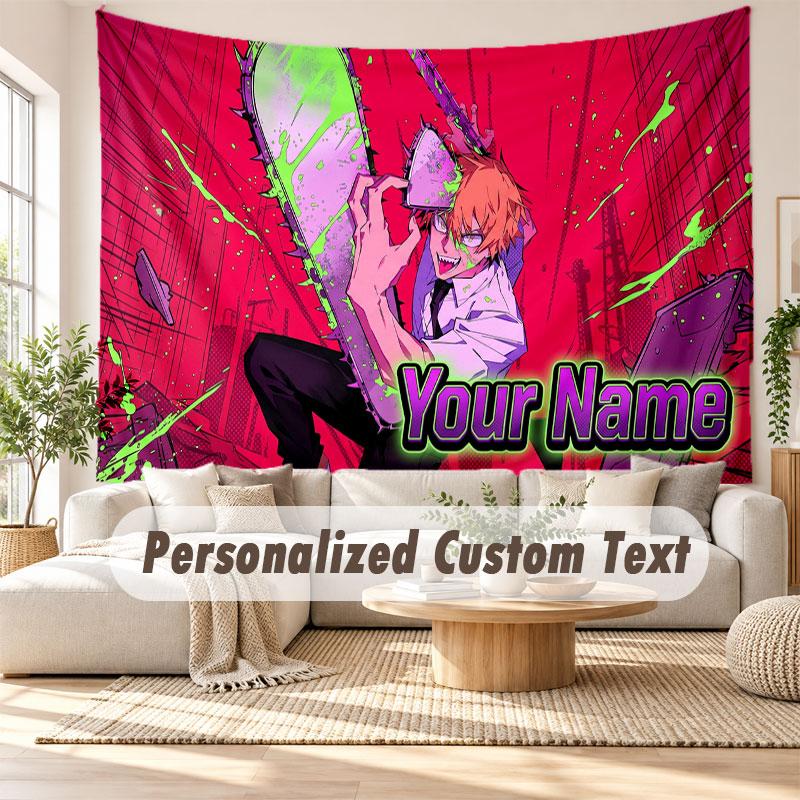 Custom Name Wall Hanging Tapestry,Chainsaw Man Decorative Backdrop Tapestry For Dorm Home