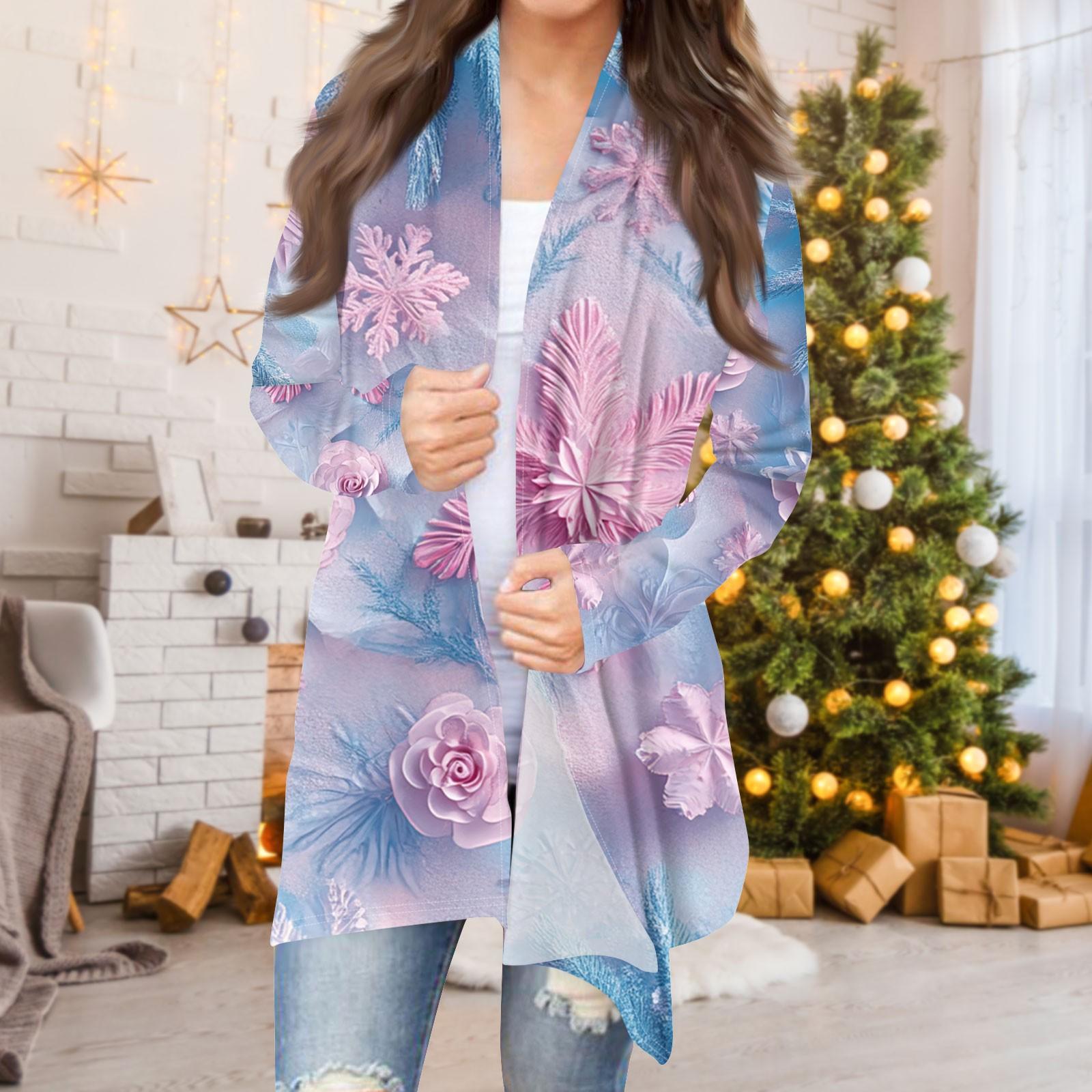 Женская мода повседневная рождественская печать средней длины кардиган куртка пальто M — фото 8