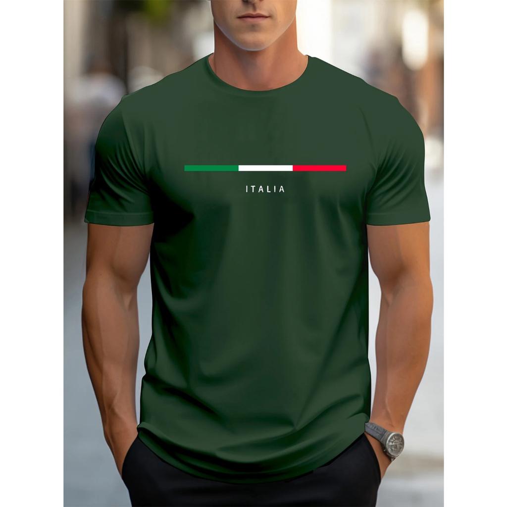 Summer Round Neck ITALIA Pattern Printed Top Fashionable Casual Pure Cotton Short Sleeved Men's T-shirts