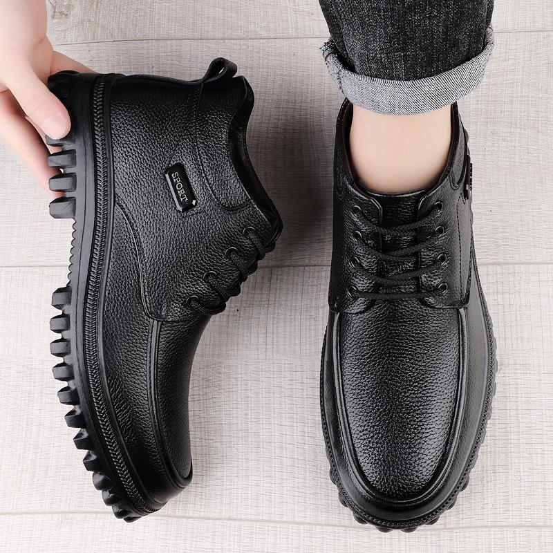 Men's Extra-Large Leather Martin Boots (Size 47-51) - Wide Fit, Thick Sole, Mid-Top, Plus Velvet, Ideal for Autumn/Winter.