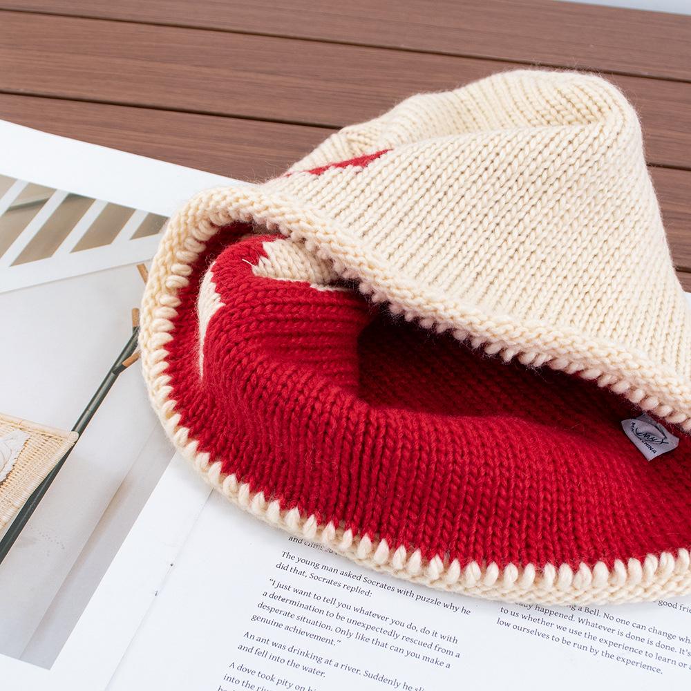 American loose retro contrasting color thick knitted hat bag head hat women's autumn and winter warm face small cold hat stack hat