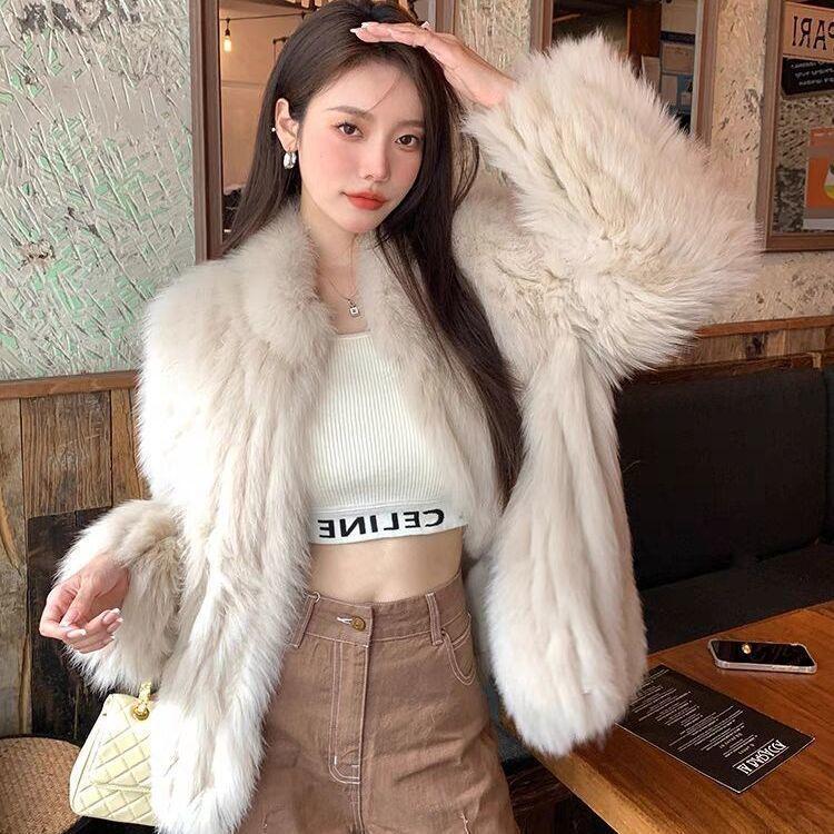 Woven imitation fur coat women's autumn and winter clothing new imitation fox hair stand-up collar temperament celebrity fashion light