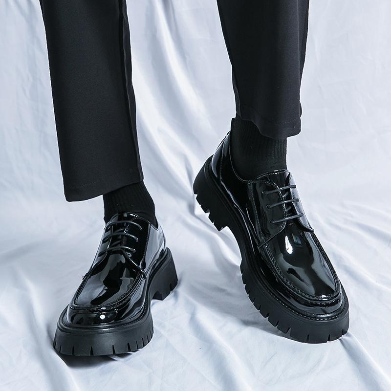 Men's Large Glossy Leather Lace-Up Loafers with Thick Sole and Chunky Heel