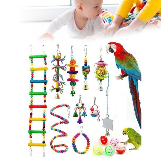 15 sztuk / zestaw Zestaw zabawek dla papug Koraliki Ball Bell Lekka akrylowa klatka dla ptaków Huśtawka do żucia Zabawka dla zwierząt domowych