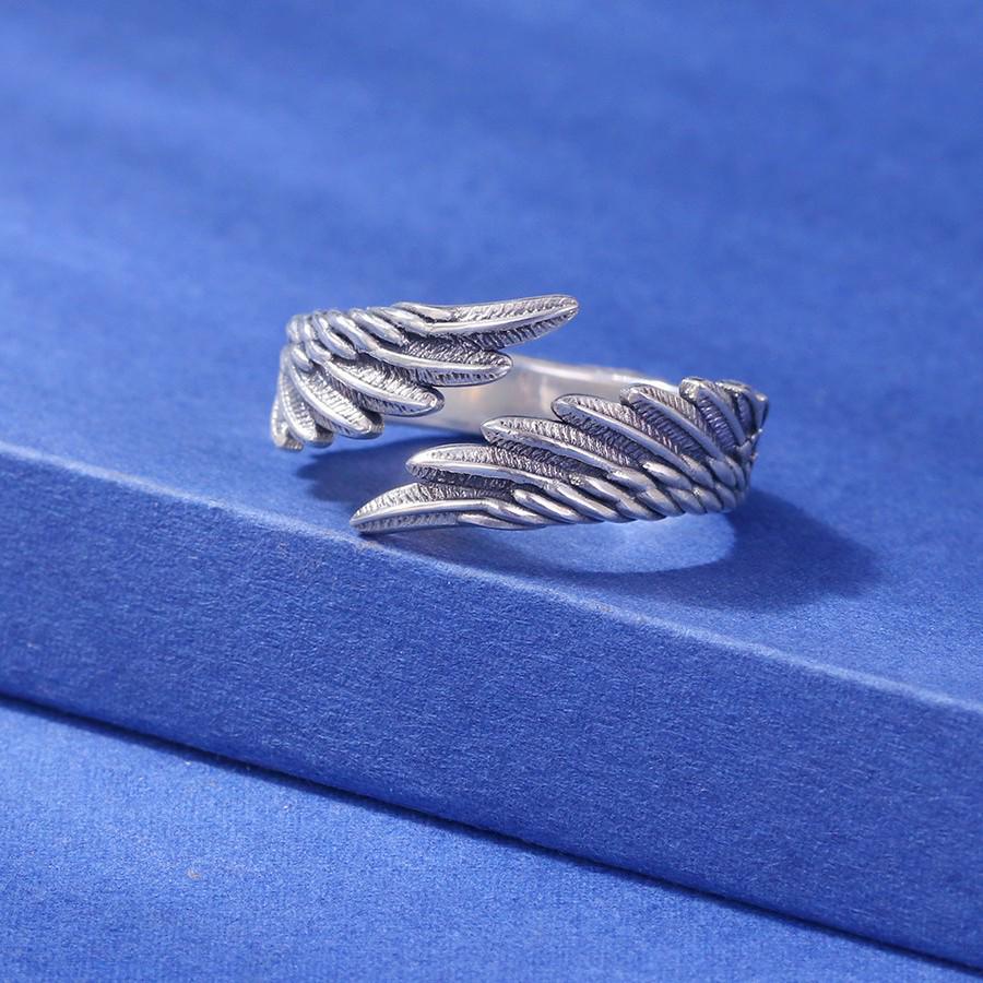 Vintage Oxidized Thai Silver Angel Wings Ring – Creative Feather Design for Men & Women