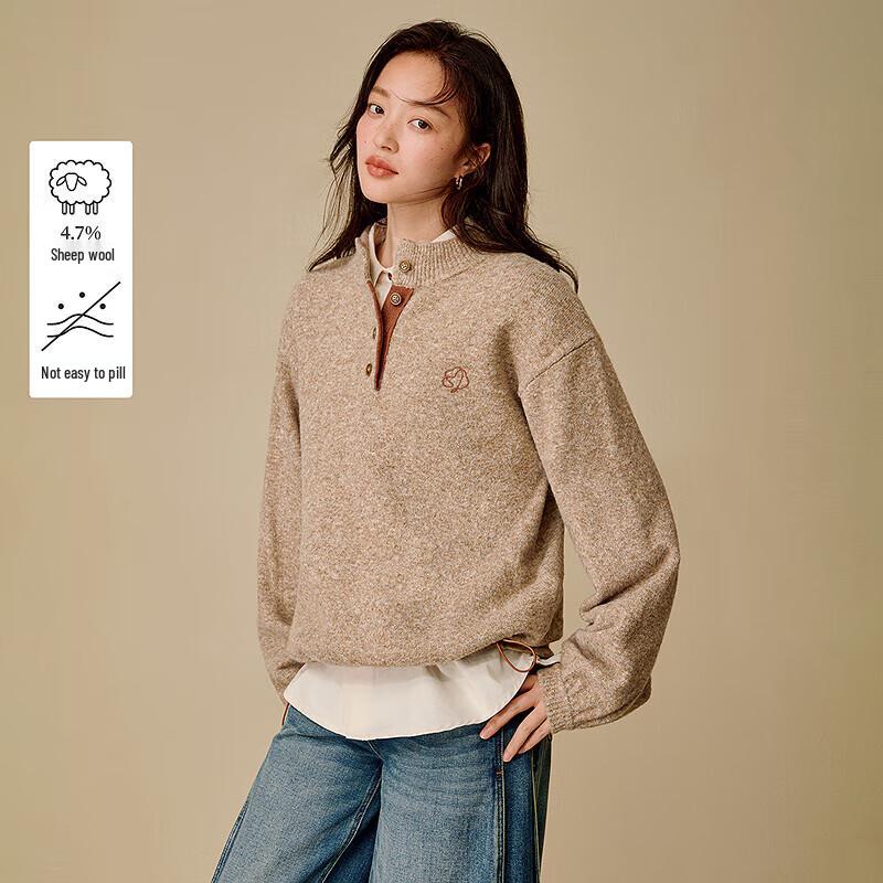 INMAN Women's Retro Colorblock Half-Placket Stand-Collar Sweater