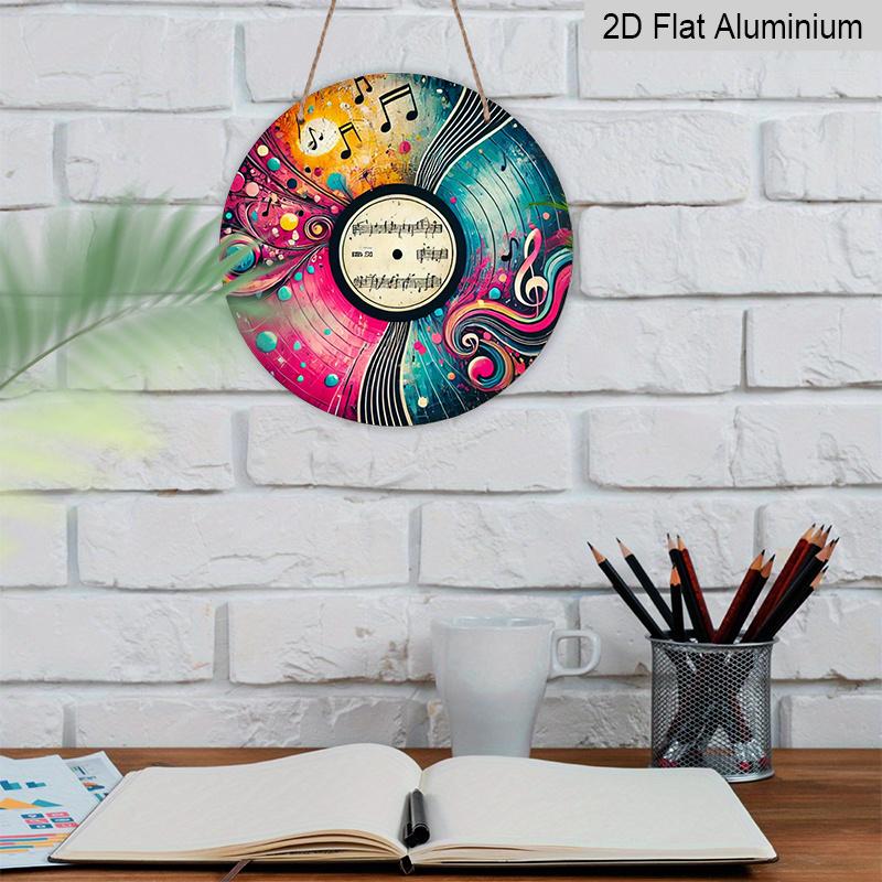 2D Flat, 1pc Vibrant Vinyl Record Round Aluminum Metal Sign, Abstract Music Notes & Swirl Art Design, Durable Weatherproof Wall Decor, Perfect for