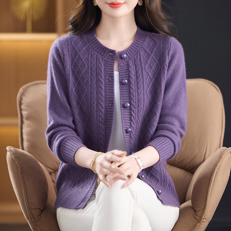 Women's Warm 100% Pure Wool Cardigan: Autumn/Winter Thick Knit Round Neck Sweater for Middle-aged & Elderly Moms