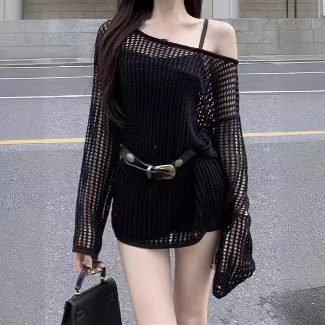 Women's Summer Hollow Mesh Knit Top - Loose Fit, Long Sleeve, Sun Protection