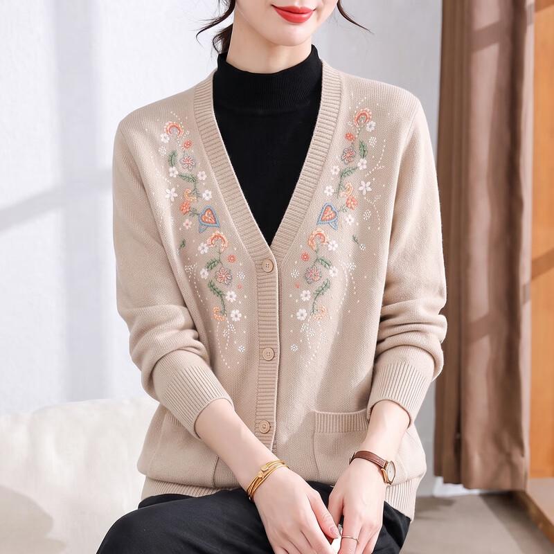 Hengyuanxiang Women's V-Neck Floral Embroidered Knit Cardigan
