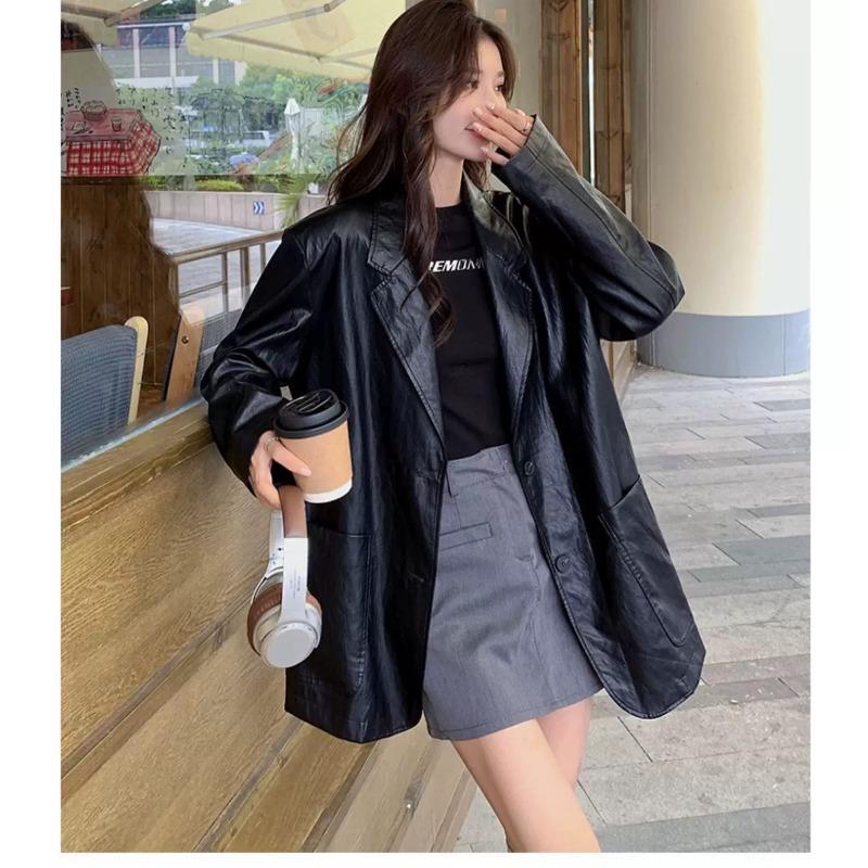 Women Black Vintage PU Leather Blazer Spring Autumn Retro Stylish Elegant Oversized Jacket