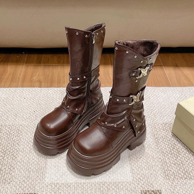 

Height-increasing thick-soled Martin boots for women s autumn and winter 2025 new retro medium boots, pant tube boots, rivet knight boots 40