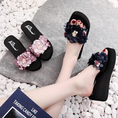 Letnie damskie buty plażowe na 6-centymetrowym wysokim obcasie, damskie pełne diamentowych kamieni szlachetnych, bohemy klapki, sandały i kapcie na grubej podeszwie