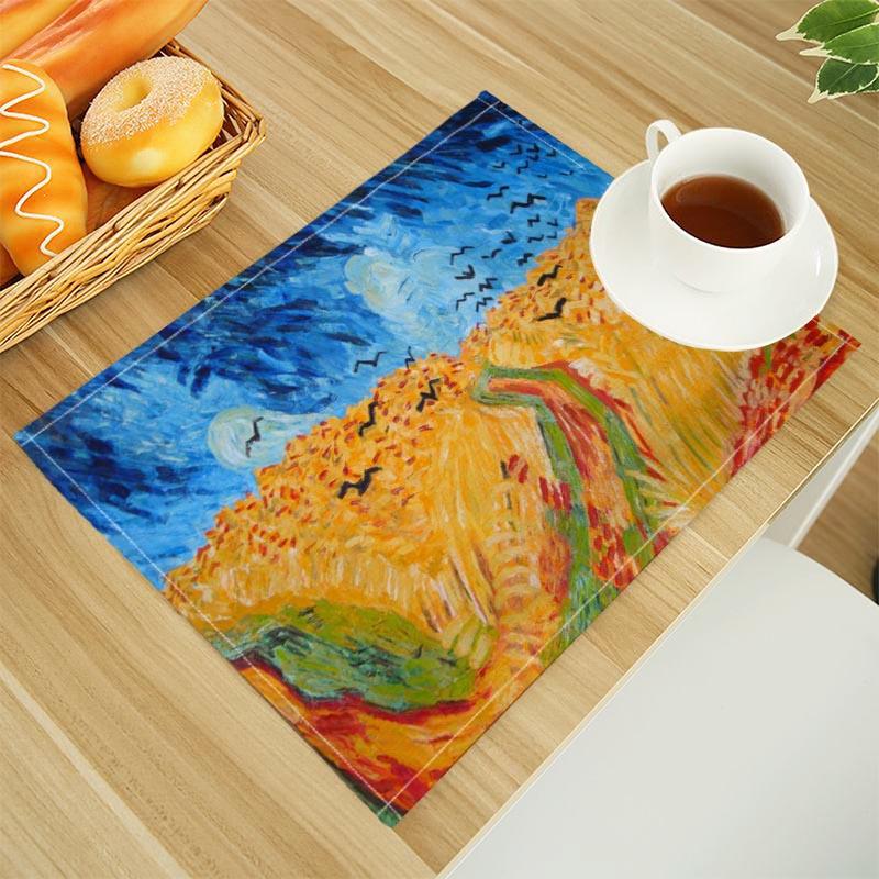 Van Gogh The Starry Night Print Linen Dining Table Mats Alphabet Kitchen Placemat 30X45cm Coasters Pads Bowl Cup Mat