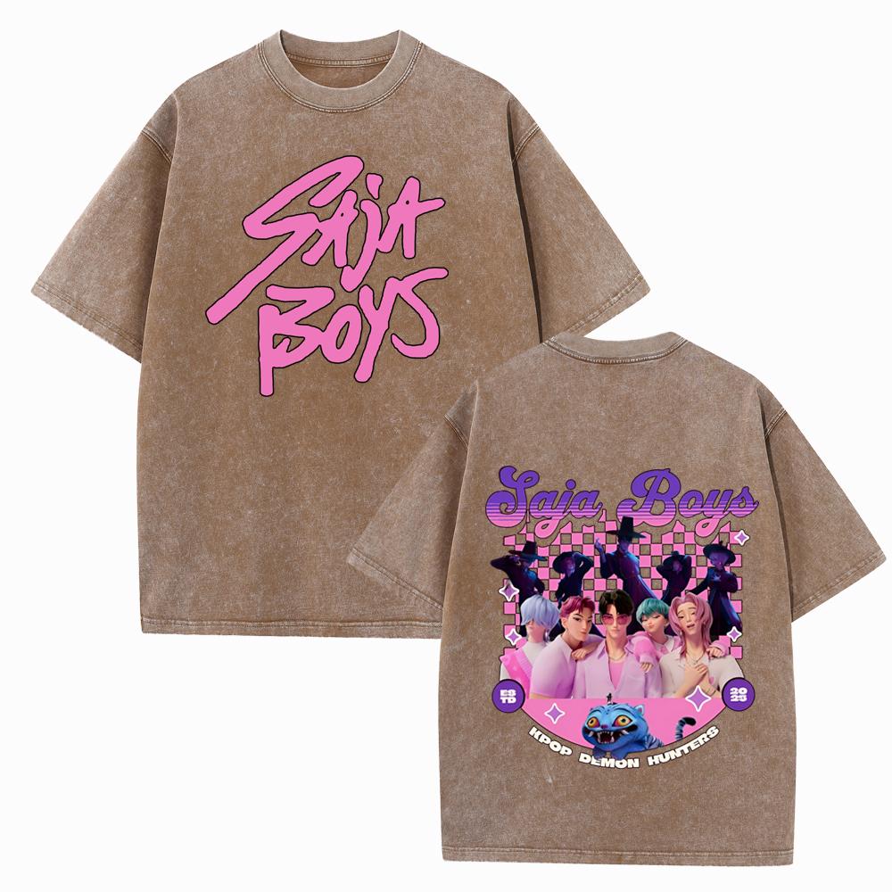 KPop Demon Hunters Saja Boys Spłowiony T-shirt Vintage z Okrągłym Dekoltem i Krótkim Rękawem Bawełniane Koszulki