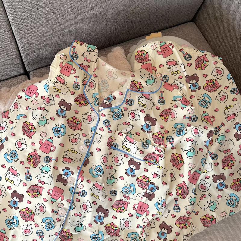 Ensemble de Pyjama Mignon à Carreaux pour Filles Printemps Automne Manches Longues Vêtements de Nuit Décontractés pour Femmes Ample Vêtements d'Intérieur