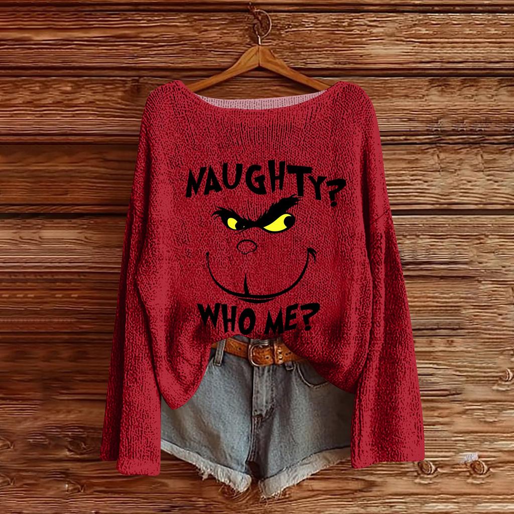 Women's Round Neck Lightweight Sweater Casual Long Sleeve Christmas Print Knit Pullover.