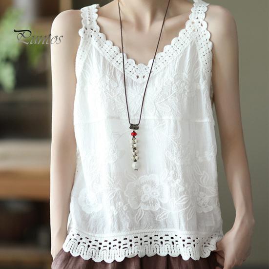 Dame Sommer Tank Tops V-hals Ermeløs Ensfarge Loose Fit Casual Bluse Broderi Blondemønster Sling Topper