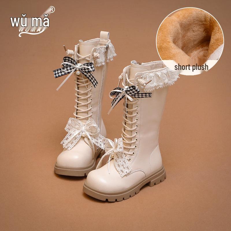 

Черные высокие зимние ботинки Wuma для детей - Новинка 2025 года, высокие, на флисовой подкладке, для девочек Size 26, Length 16.1CM