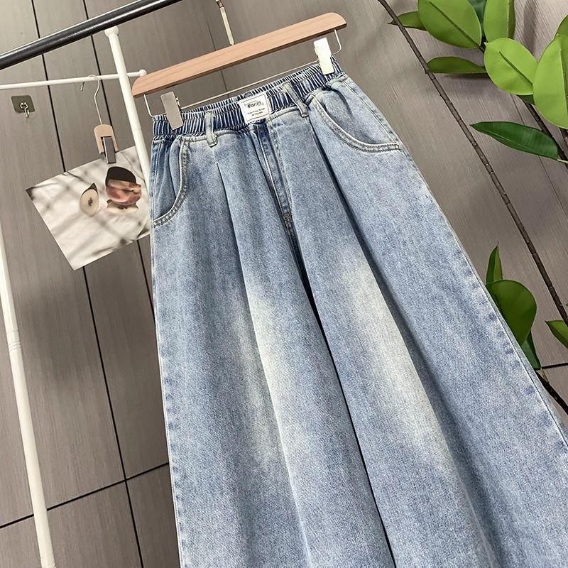 Plus Size High Waist Denim Pants Women Summer Trousers Wide Leg Loose Elastic Waist Jeans