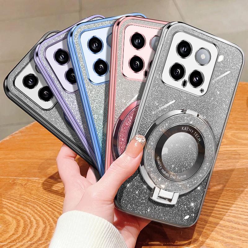 Magnetický třpytivý držák prstenu Odnímatelná třpytivá samolepka Chromované TPU pouzdro se stojánkem Pro Xiaomi Mi 14 Ultra 13 Pro Lite Civi 2