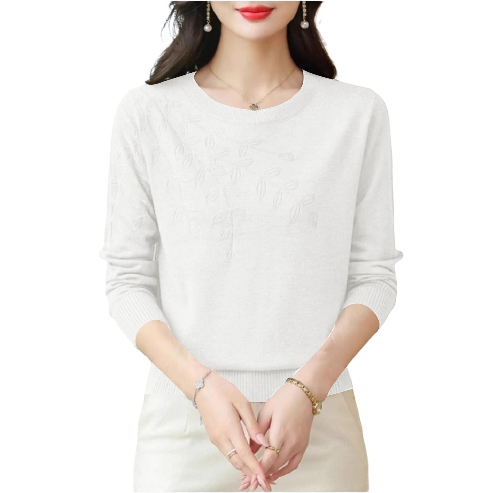 

Женский вышитый топ-основа с круглым вырезом, модный и стильный свитер с длинным рукавом, омолаживающий, однотонный One Size белый