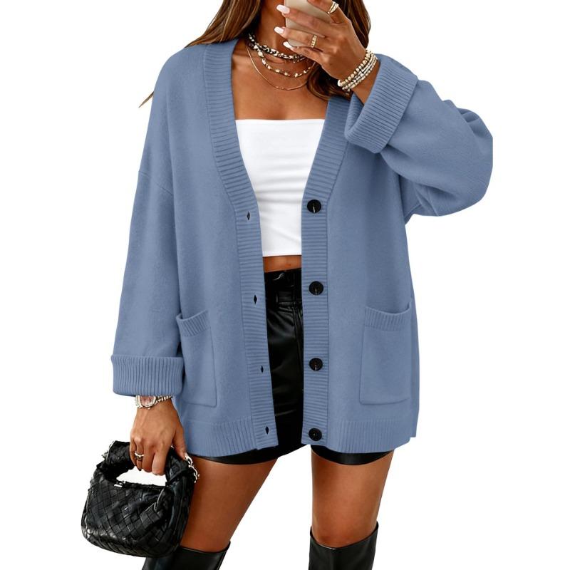 Women Solid Color V Neck Button Up Loose Long Sleeve Knit Cardigan Sweater Coat