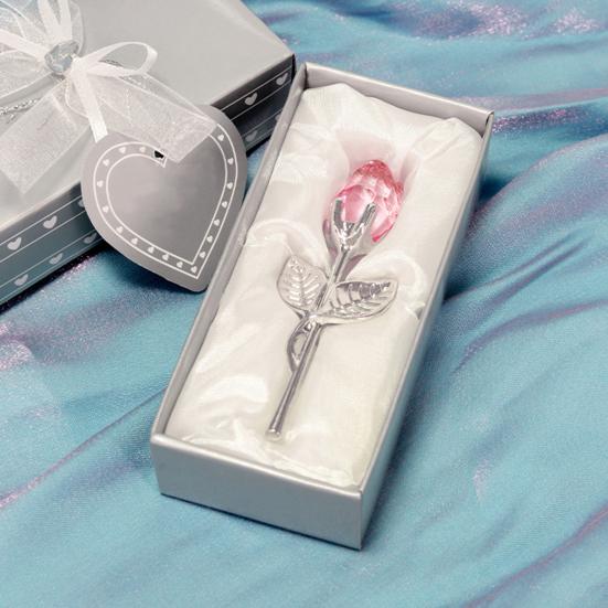Faux Crystal Rose Flower Gift with Metal Stem Clear Flower Figurine with Gift Box