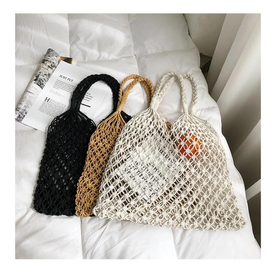 1 Pcs Wind Cotton Handmade Woven Bag Beach Bag One Shoulder Portable Leisure Hollowed Out Tourism And Vacation Fishing Net Bag