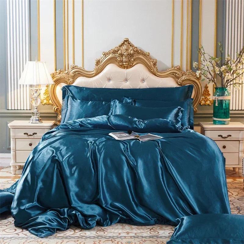 Hochwertiges Fleckenschutz-Bettwäsche-Set Doppelbett Imitation Seide Luxus-Bettwäsche-Set Queen Bequeme Seidige Deckenhülle Bettdeckenbezug-Set