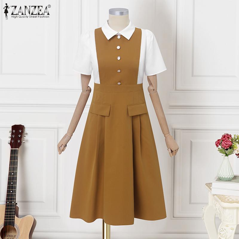 ZANZEA Women Classic Collar Summer Casual Short Sleeve Patchwork Dress