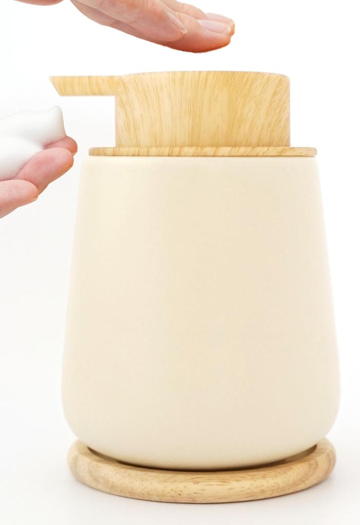 KATAZUKE Foam Soap Mino Ware Dispenser with Wooden Coaster 300ml Foam Mino Made In Japan Soap Dispenser Foam Ceramic Bathroom (Ivory)