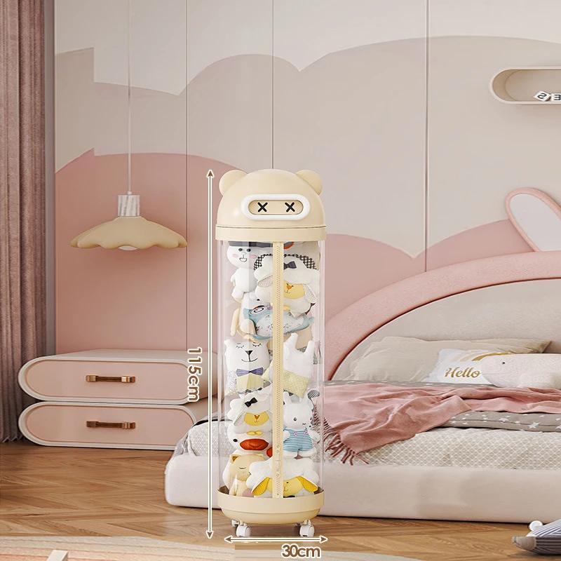 Large Capacity Plush Doll Storage Bucket With Wheels Transparent Storage Bucket Zipper Kids DIY Plushies Toy Display Bucket