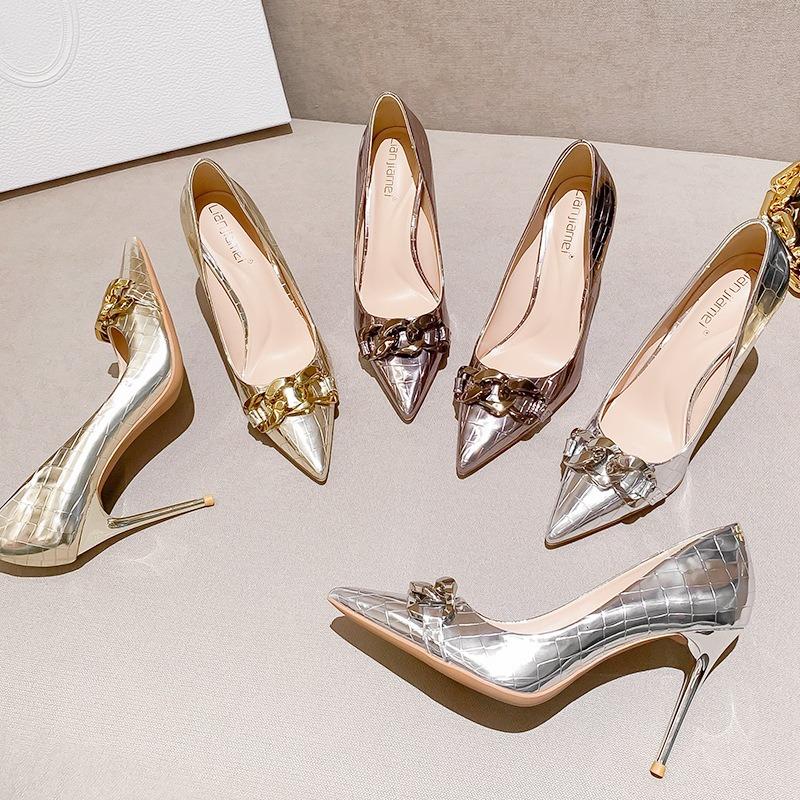 High Heels Women's Spring New Design Patent Leather Temperament Pointed Head Women's Shoes Head Metal Heel Single Shoes Women