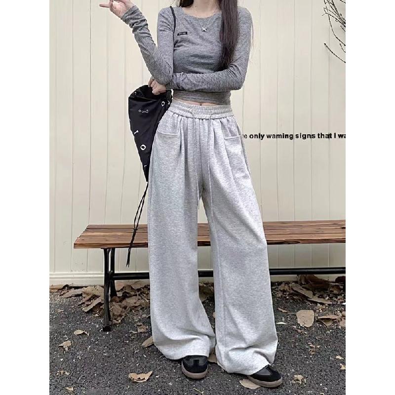 New solid color wide-leg pants, loose and drapey casual long pants for women, autumn drawstring straight pants