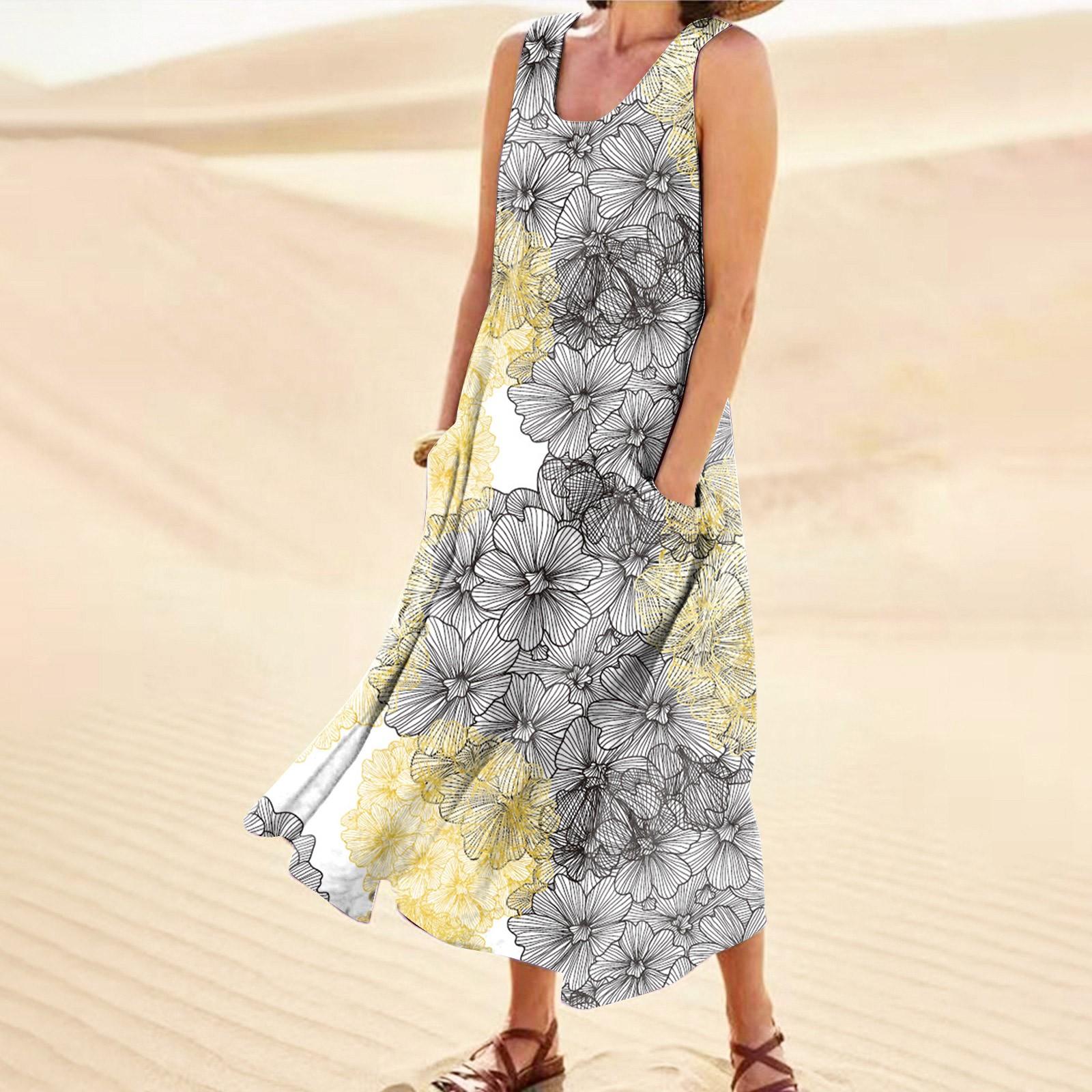 

Женское летнее повседневное модное платье без рукавов с круглым вырезом и карманом с цветочным принтом XXXXXL серый