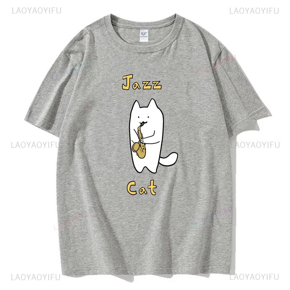 Cute Cat Plays Jazz Saxophone Graphic T Shirts Woman Man Vintage Fashion Casual Streetwear High Quality  Tee Shirt Funny