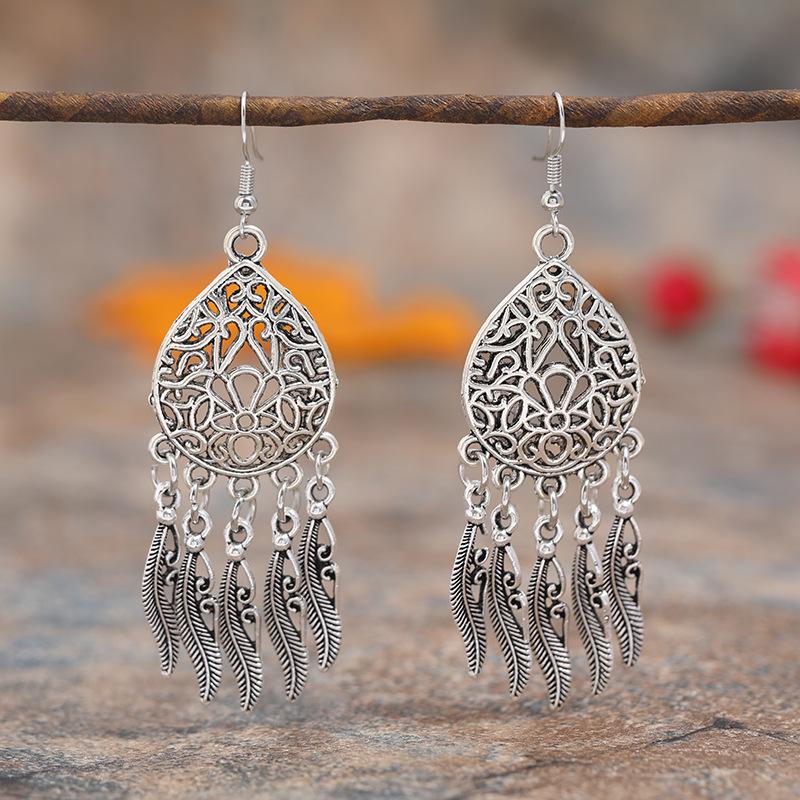 Retro Tibetan silver fringed earrings women's long temperament versatile earrings fashion personality vacation earrings